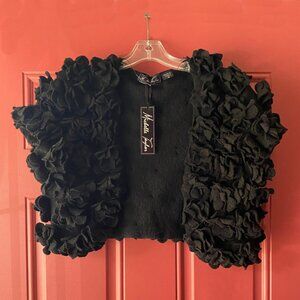 Black bolero shrug, boiled wool, 3d flower appliques, size M goth, whimsigoth